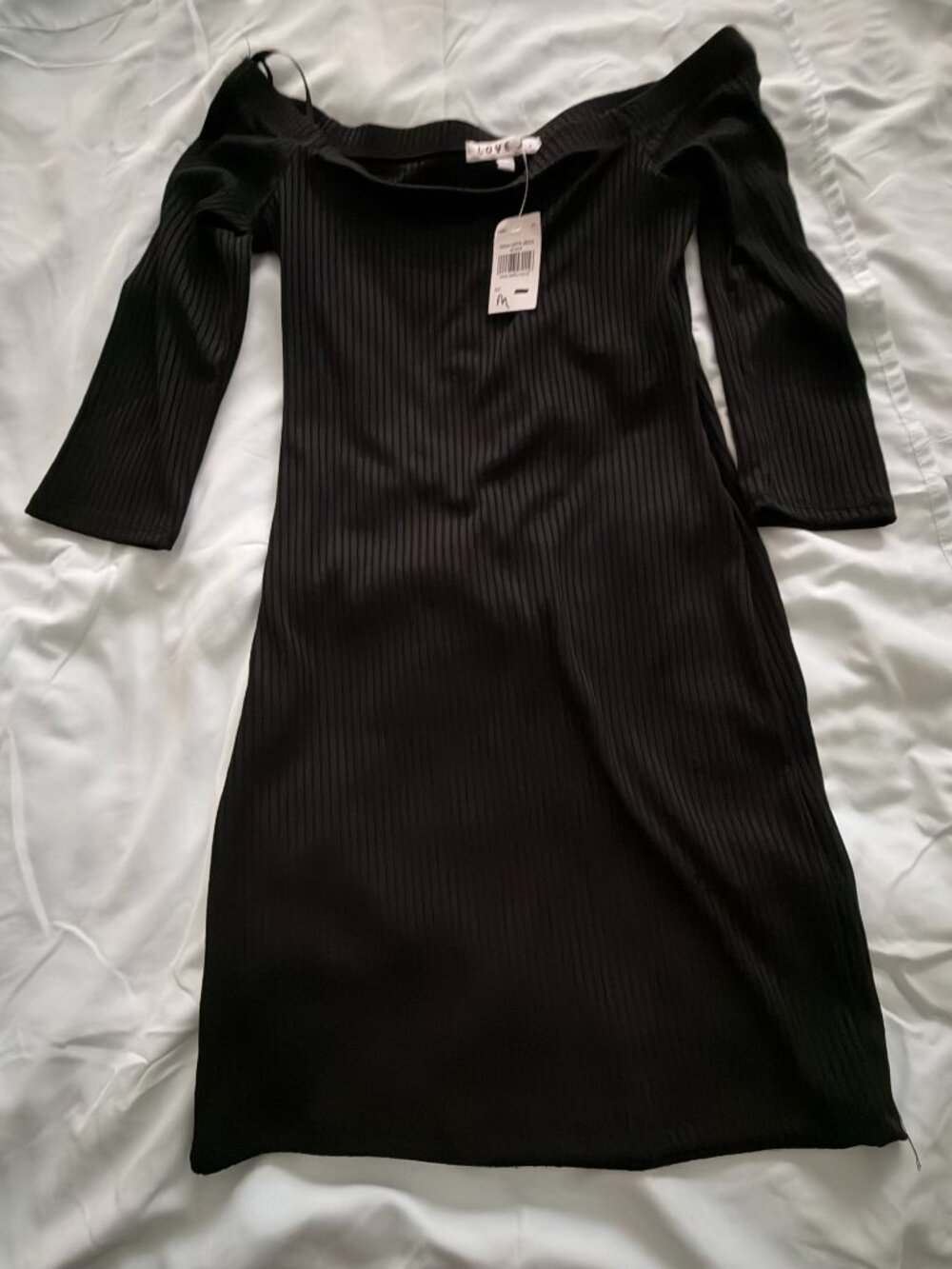 NWT LOVE J Black Off the Shoulder Bodycon Ribbed Knit Dress Medium